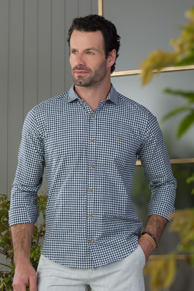 Camisa Masculina Manga Longa BGT Slim Xadrez Preto e Branco