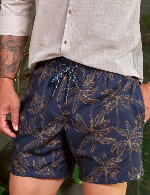 04 shorts de banho masculino marinho com palmeiras amarelas