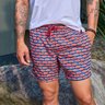 02 shorts de banho masculino estampado marinho com vermelho