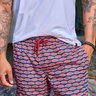 03 shorts de banho masculino estampado marinho com vermelho
