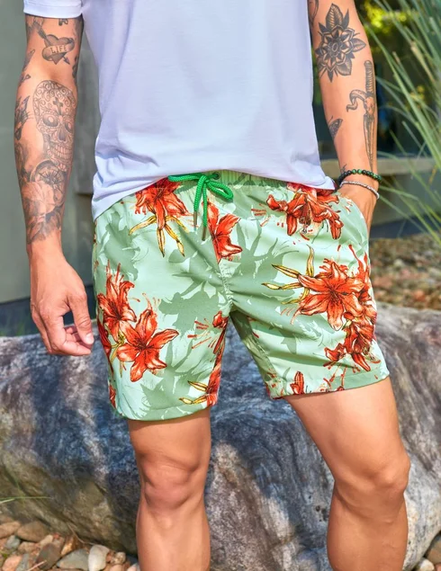 02 shorts de banho masculino estampa verde floral