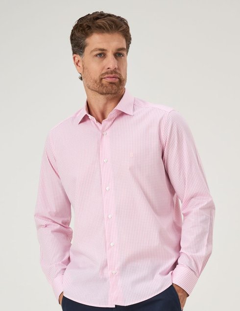01 camisa masculina manga longa elegance mini xadrez rosa e branco