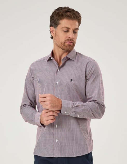 06 camisa masculina manga longa elegance mini xadrez vermelho branco e preto