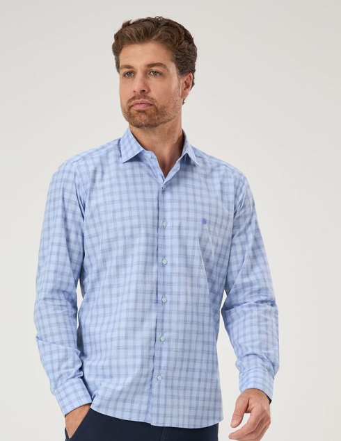 09 camisa masculina manga longa elegance algodao egipcio xadrez azul