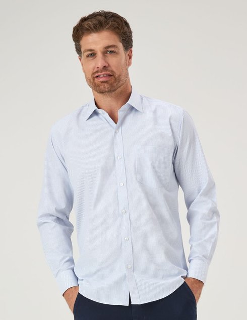 05 camisa masculina manga longa premium branca com xadrez azul com bolso