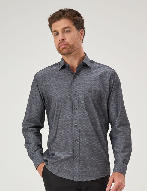 03 camisa masculina manga longa premium chumbo com detalhe e bolso