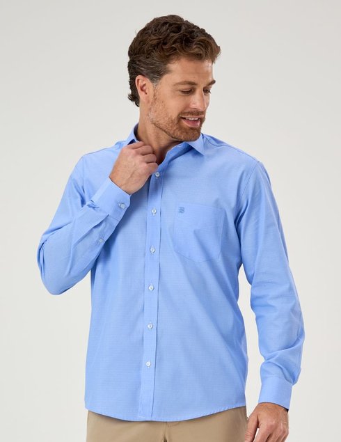 07 camisa masculina manga longa premium azul com detalhes e bolso