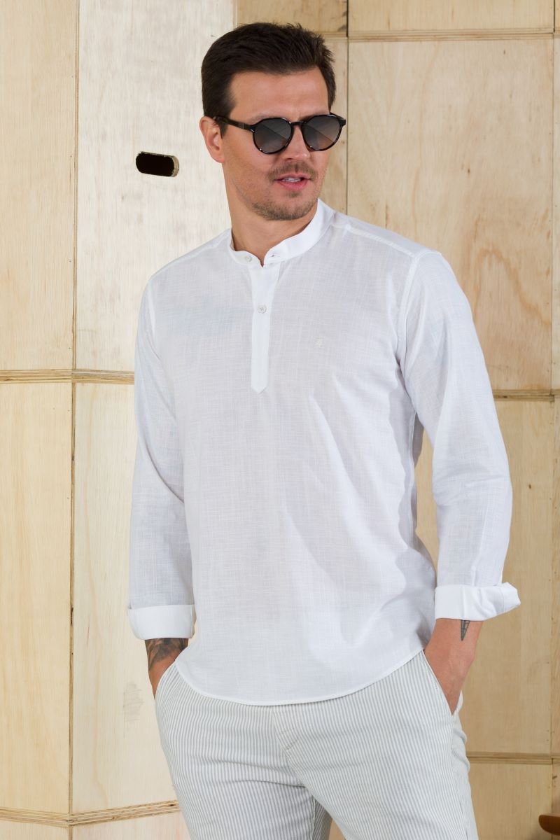 Camisa Masculina Manga longa BGT Slim Bata Branca Gola Padre