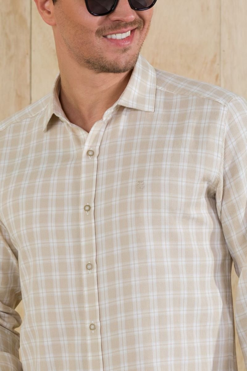 Camisa Masculina Manga Longa BGT Slim Xadrez Bege