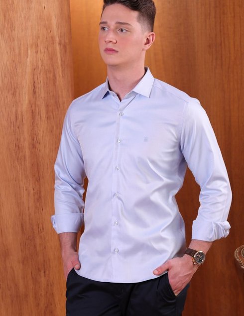 camisa masculina elegance algodao egipcio azul pequenas linhas diagonais
