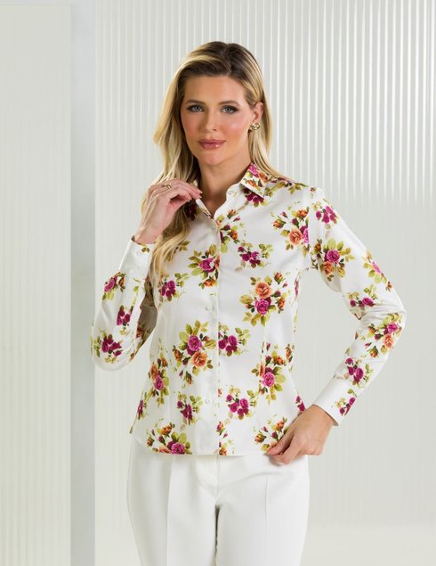 camisa feminina social branca com floral rosa baumgarten