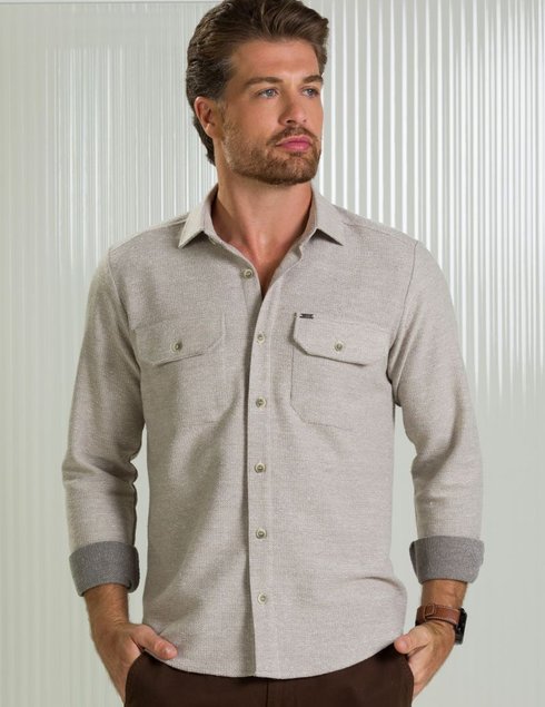 02 camisa masculina manga longa bgt slim tecido encorpado areia