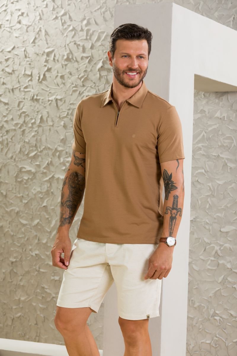 Camisa Masculina Polo Manga Curta Com Zíper Acabamento D+