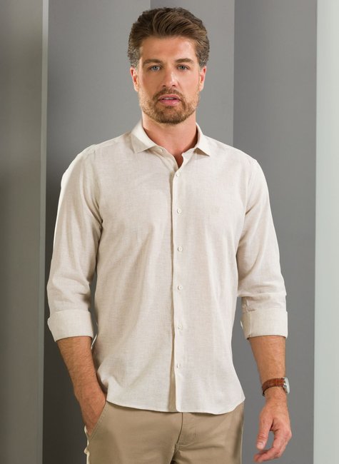 Camisa Masculina Manga Longa Elegance Slim Algodão e Linho Areia