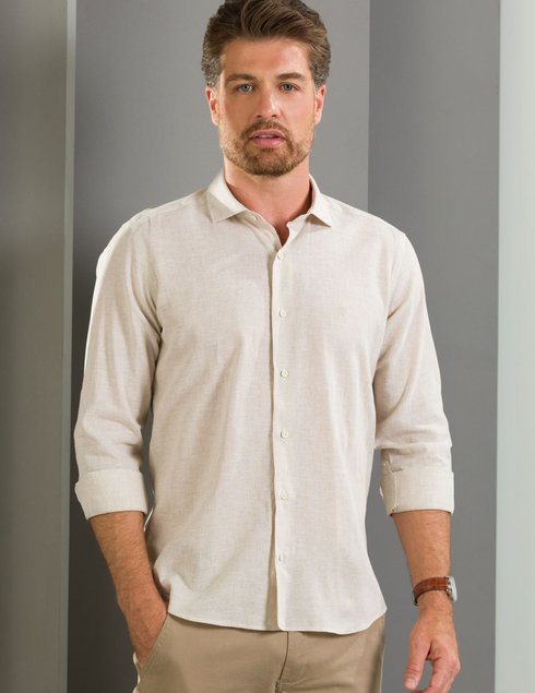 03 camisa masculina manga longa elegance slim algodao e linho areia
