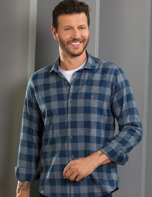 02 camisa masculina manga longa elegance slim flanela xadrez azul e cinza