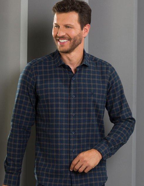 02 camisa masculina manga longa elegance slim flanela xadrez azul e amarelo
