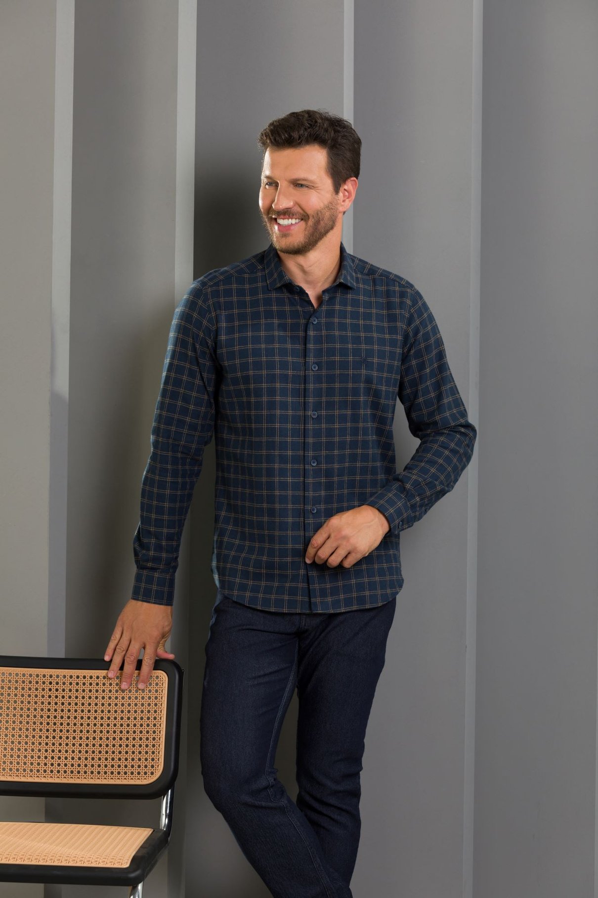 04 camisa masculina manga longa elegance slim flanela xadrez azul e amarelo