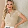 04 camisa polo feminina manga curta malha texturizada bege