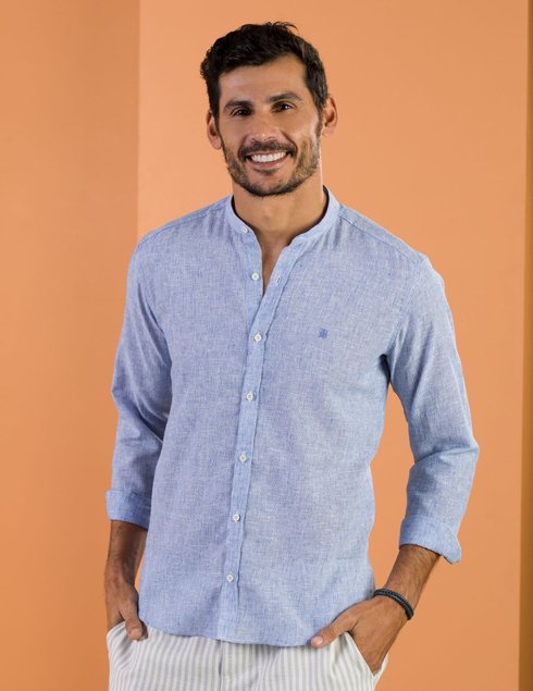 01 camisa masculina manga longa bgt slim gola padre slub azul