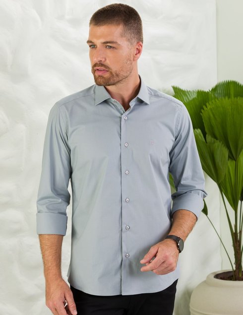 01 camisa masculina manga longa elegance slim cinza claro