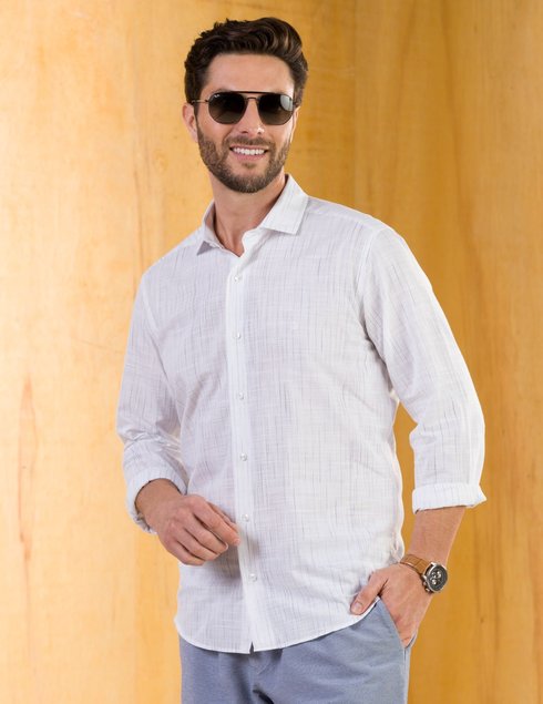 02 camisa masculina manga longa elegance slim slub branco com riscos azuis