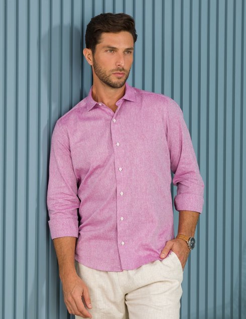 01 camisa masculina manga longa elegance slim maquinetada rosa envelhecido