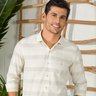 01 camisa masculina manga longa elegance slim linho listrada bege