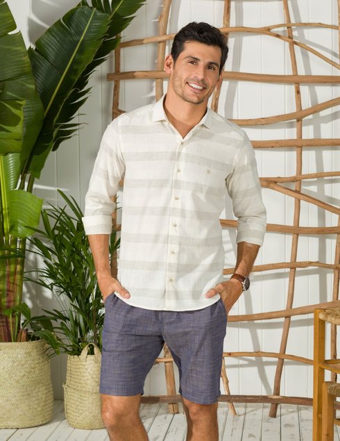 Camisa Masculina Manga Longa Elegance Slim Linho Listrada Bege