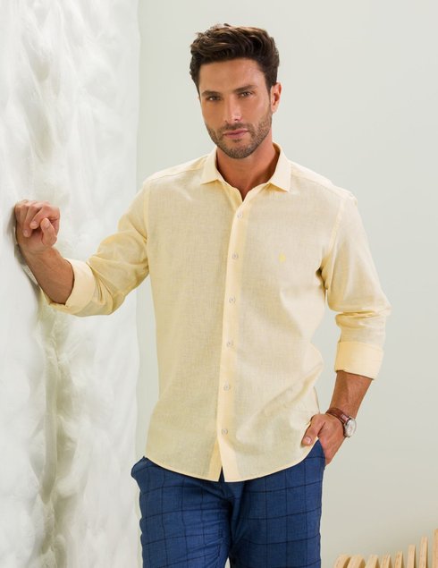 02 camisa masculina manga longa elegance slim slub amarela