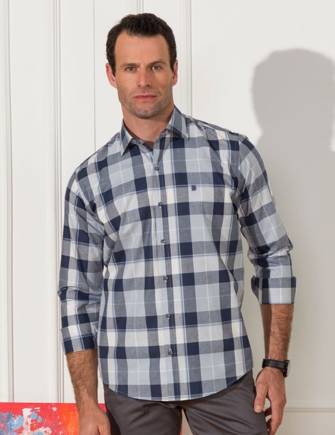 01 camisa masculina manga longa premium tradicional off white xadrez azul