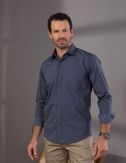 01 camisa masculina manga longa premium tradicional algodao egipcio azul oxford maquinetada