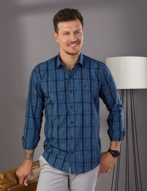 01 camisa masculina manga longa premium tradicional azul slub fio tinto