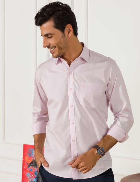 01 camisa masculina manga longa premium tradicional rosa claro com linhas verticais
