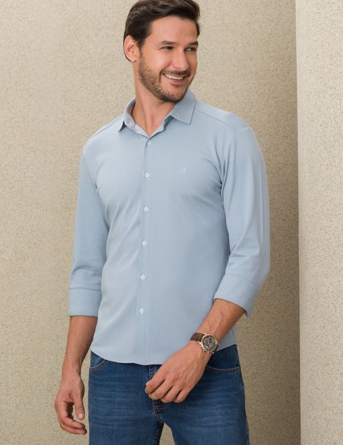 camisa social masculina azul de malha baumgarten