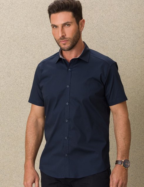 02 camisa masculina manga curta bgt slim azul marinho
