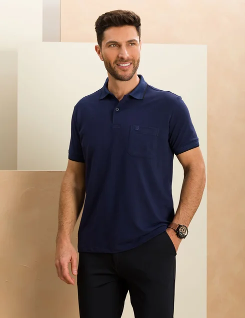 camisa polo masculina azul marinho com bolso baumgarten frente