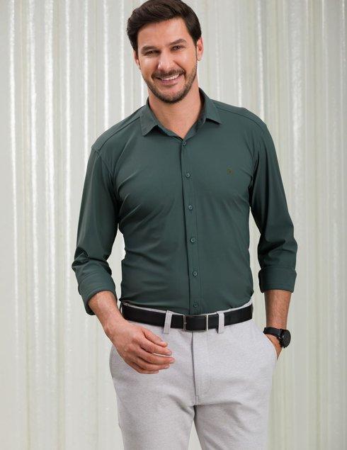 camisa social masculina ultra stretch manga longa baumgarten verde