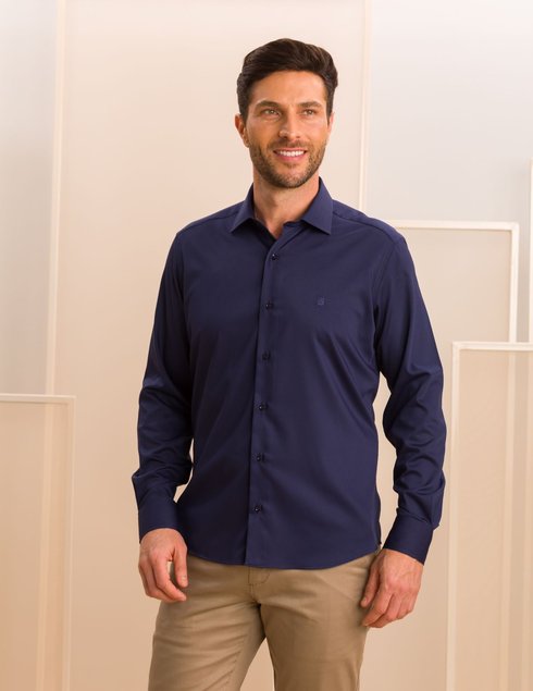 03 camisa masculina manga longa elegance slim lisa azul marinho viscose de bambu