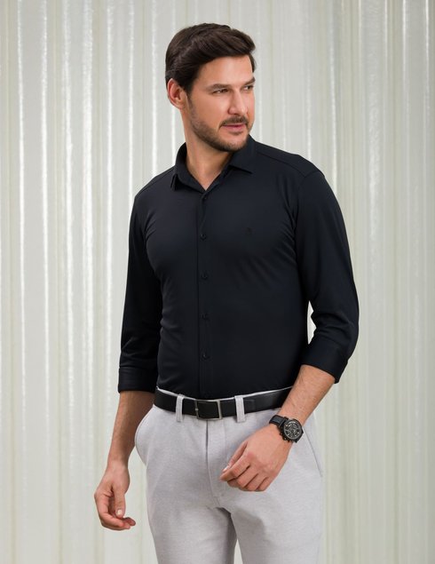 06 camisa masculina manga longa bgt slim preta ultra stretch