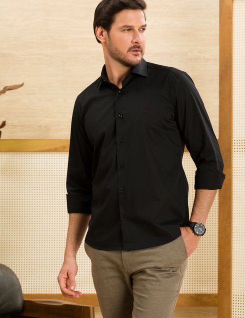 19 camisa masculina manga longa elegance slim lisa preta