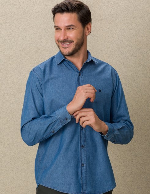 01 camisa masculina manga longa premium tradicional denim stone clareamento